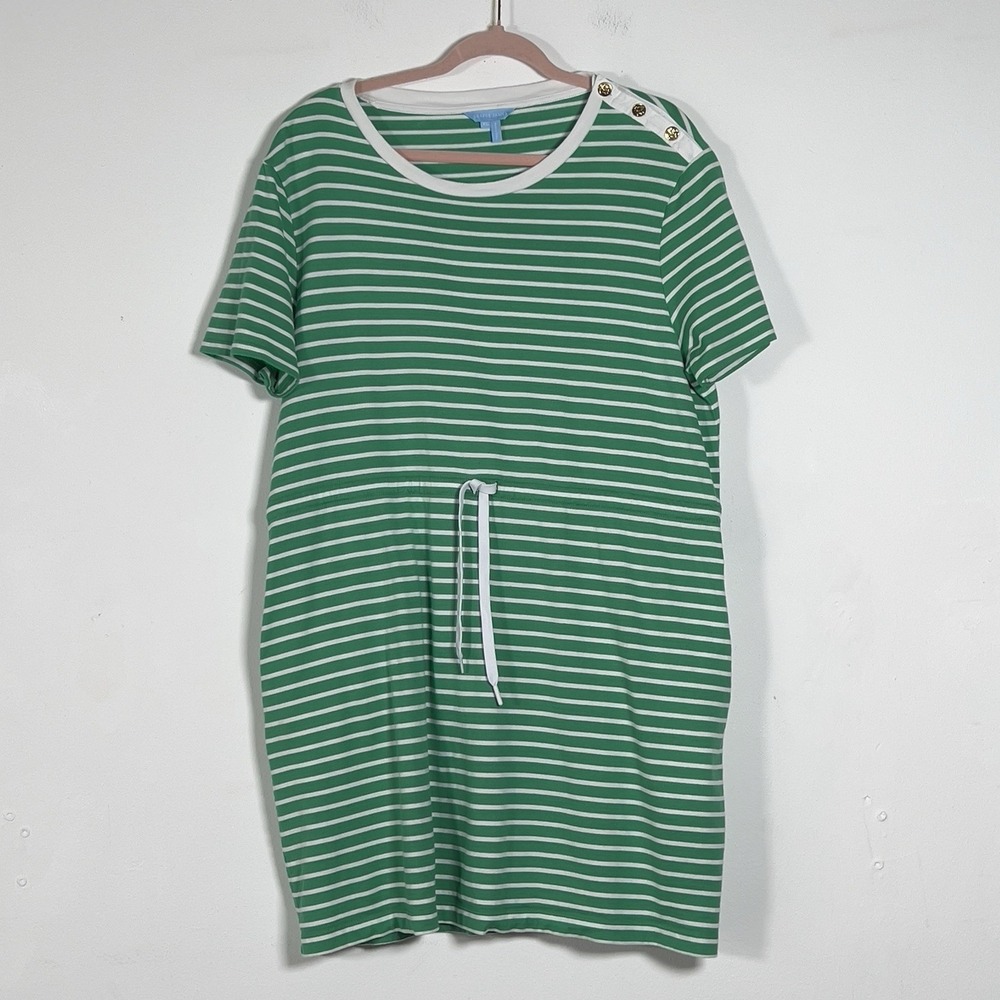 Draper James T-Shirt Mini Dress Sz XL Green Striped Short Sleeve Drawstring